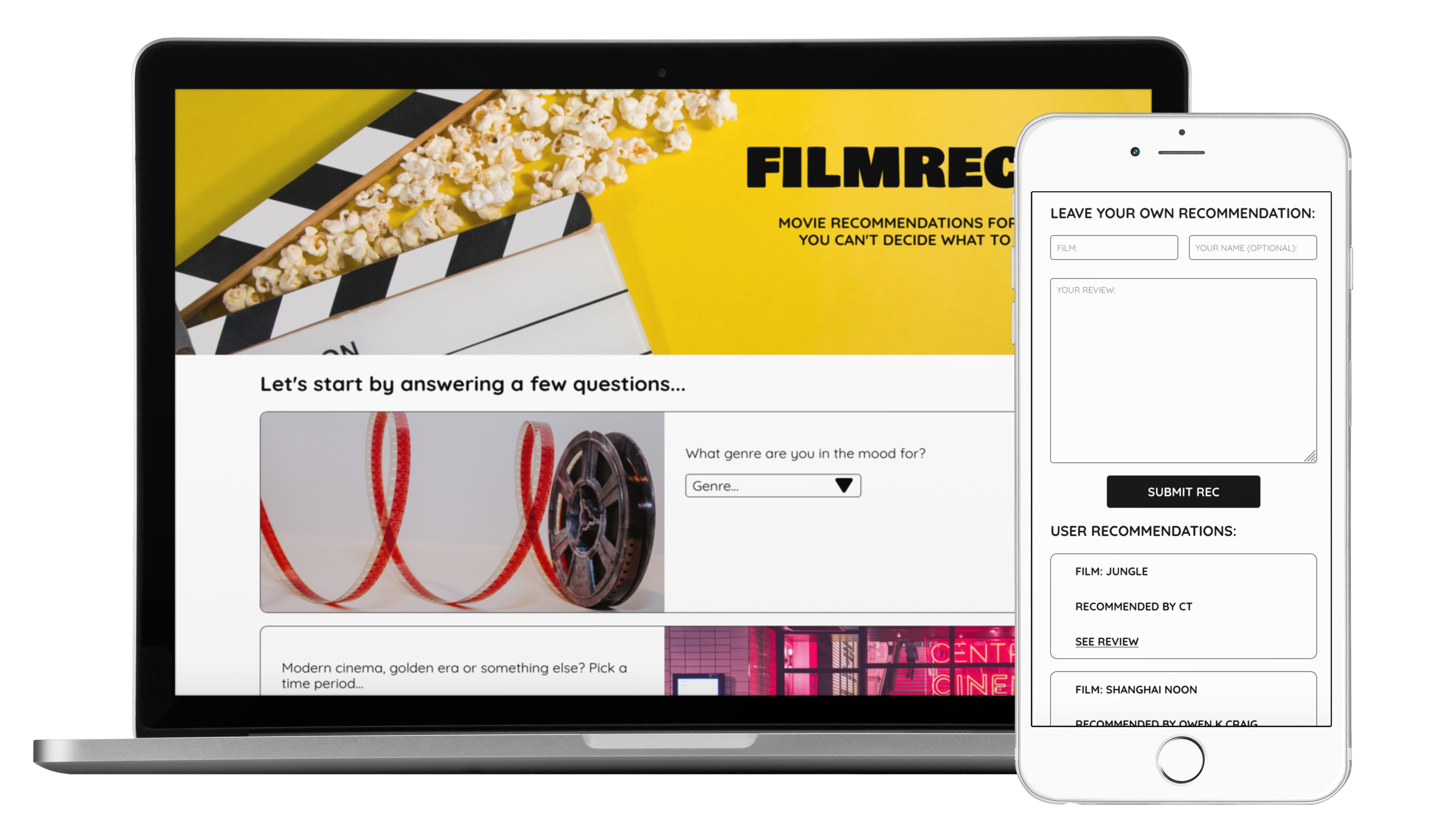 filmRecs App Mockup on mobile and laptop